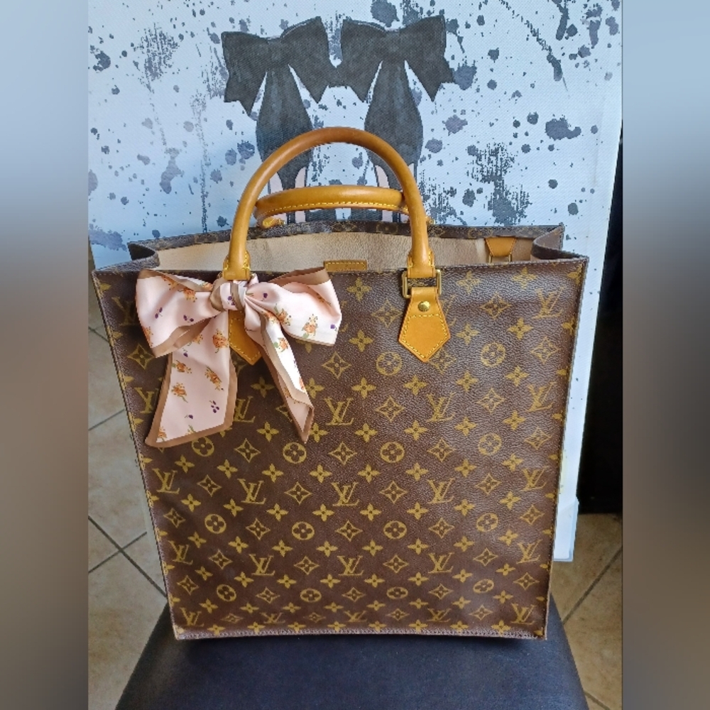 Louis Vuitton Brown Monogram Canvas Tote with Pink Scarf Accent
